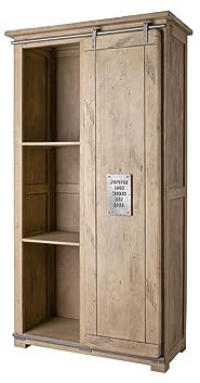 Massivmoebel24.de | Railway Schrank aus Massivholz #315 | aus Mangoholz - Whitewash, lackiert | 100x50x190 cm | + Schiebetür + 6 Fächer | Aufbewahrungsschrank Flurschrank
