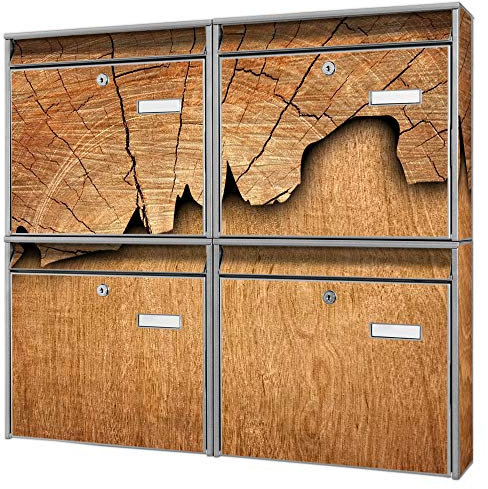 Briefkastenanlage 4 Fach | Postkästen 72x64x10cm groß | verzinkter Stahl schwarz DIN A4 Motiv Holz | Briefkasten Set 4 Briefkästen Namensschild, 2 Schlüssel, Montagematerial