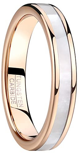 Vakki Ringe aus Roségold 4mm Wolfram Ring für Damen Weißer Perlmutt Ehering Frauenring für Hochzeit, Versprechen, Täglich, Größe 54.4(17.3)