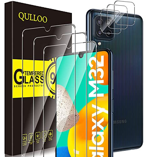QULLOO Pellicola Protettiva per Samsung Galaxy M32 4G (6,4) [3 Pezzi] + Pellicola Fotocamera [3 Pezzi],9H Durezza HD Chiaro Pellicola Vetro Temperato per Samsung Galaxy M32 4G