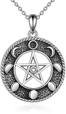 YAFEINI Pentagram Pentacle Pendant Necklace 925 Sterling Silver Wiccan Star Crescent Moon Necklaces Jewellery Gifts for Women (Pentagram moon necklace 1)