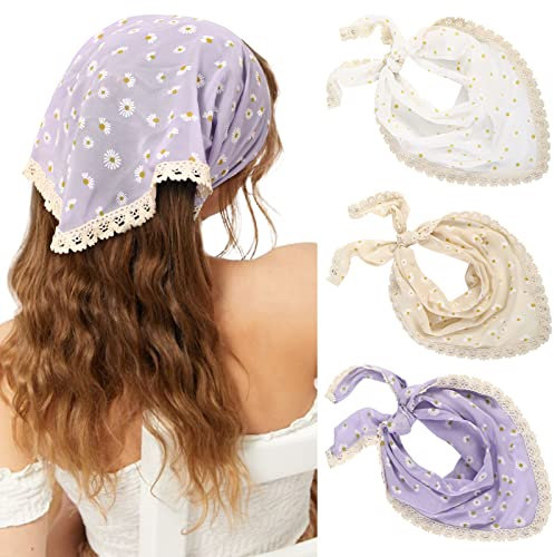 Molans Bandana Stirnband Chiffon Schal Stirnbänder - Haar Bandana Floral Haar Kopftuch Print Haar Schals Halstuch für Frauen, Violett/Gelb/Weiß, 3 Count (Pack of 1)