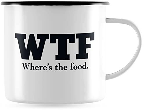 JUNIWORDS Emaille-Tasse, WTF Where's The Food, Schwarzer Tassenrand