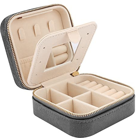 Casiwaft Kleines Reise Schmuckkästchen Samt mit Spiegel, Kleine Schmuckkästchen Organizer für Mädchen Frauen, Mini Schmuck Organizer Aufbewahrung für Ringe Ohrringe Halskette Armbänder, Grau