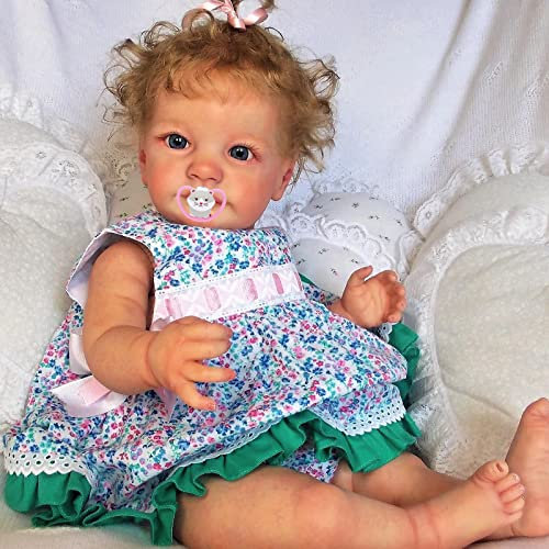 MineeQu 24 Zoll 60CM Lebensechte große handverwurzelte lockiges Haar kuschelige Baby-Rebornpuppen Geschenkset mit weichem, gewichtetem Stoffkörper realistische Neugeborene Kleinkindpuppen