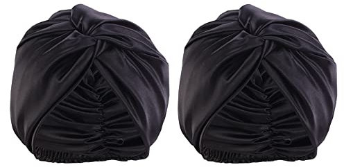 FEOYA 2 Stück Seide Bonnet Schlafmütze Damen Haarturban Schnelltrocknend Turban Schlafmutze für Haarverlust Weiche kopfhaube zum Schlafen mit Gummizug für Damen Schwarz+Schwarz Einheitsgröße