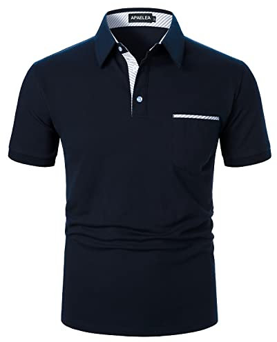 APAELEA Herren Poloshirt Kurzarm Baumwolle Streifen T Shirt Casual Polohemd für Männer,Marine,S