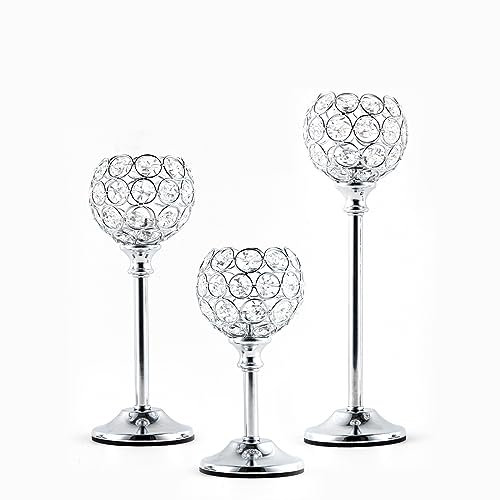 VINCIGANT 3er Set Kerzenständer Kristall Silber Kerzenhalter fur Weihnachten Deko,Teelichthalter Deko Wohnzimmer Modern(17cm&22cm&27cm)