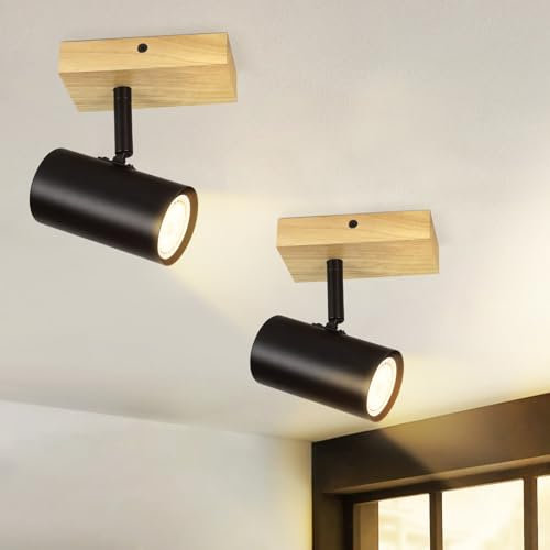 Glitzerlife Deckenstrahler 1 Flammig Deckenleuchte Holz - Deckenlampe Flur 2ER Schwarz Metall Modern GU10 350° Deckenspot Drehbar für Wohnzimmer Schlafzimmer Küche Ohne Leuchtmittel Max.40W