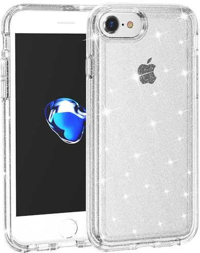 TENOC Phone Case Compatible with iPhone SE (2nd & 3rd Generation) & iPhone 7/8, Glitter Clear Sparkling Protective Bumper Cute Cover for Girls Women