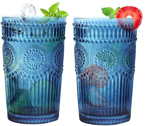 Loivttvv 6pcs Vintage Drinking Glasses Set, 12 oz Blue Highball Glasses, Embossed Ribbed Glassware Cups for Cocktail, Water, Juice, Coffee, Whiskey
