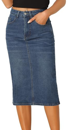 Allegra K ledig jeanskjol för kvinnor, stretchiga midi-jeanskjolar med hög midja, blå, M