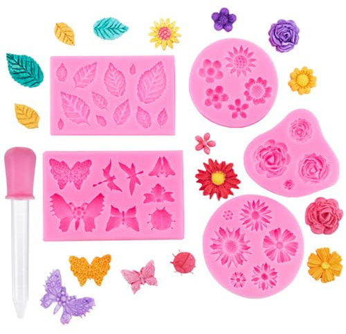 3D Blume Silikon Seifen Form, 5 Stück Silikonform Blüten Mit 1 Tropfern, Fondant Formen Rosen, Silikonformen Fondant für Gänseblümchen Blumen Schmetterling Blätter Sonnenblume