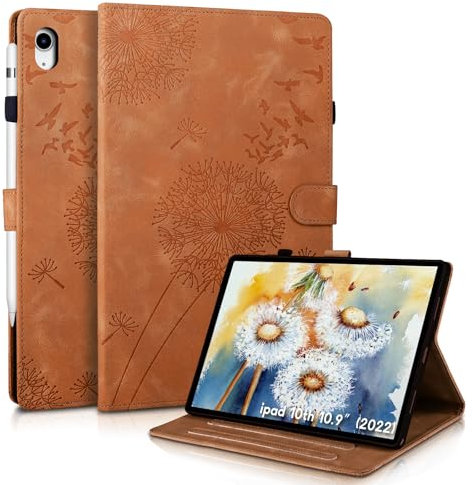 Rostsant Custodia per iPad 10 Generazione 2022, 10,9 Pollici (A2696 A2757 A2777), Cover Nuova in pelle PU ripiegabile da Custodia in pelle con stampa dente di leone per iPad 10.9 Marrone