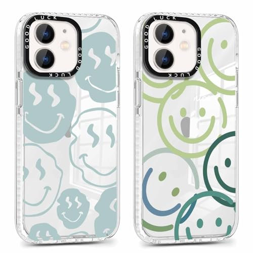 Xylota 2 Stück Transparent Handyhülle für iPhone 12/iPhone 12 Pro 6,1 Hülle, Durchsichtig Case Muster Niedlich Smileys Mädchen Schutzhülle, Weich Silikon TPU Bumper Stoßfeste Cover für iPhone 12,05