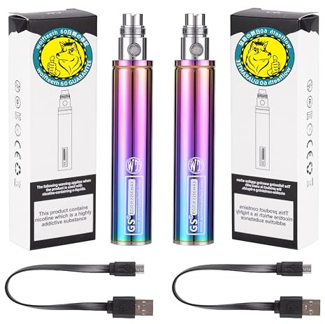 WOLFTEETH 2 Pack Genuine GS EGO II Prime 2200mAh Rechargeable Battery Bottom Micro USB Charge 510 Ego Charge, 510 E-Shisha E-Cigarette (0ml Nicotine Free/Double Iridescence 121503X2)