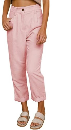 TANMESSO Damen Cordhose mit elastischer Taille und Taschen, gerades Bein, Freizeithose, rose, XL