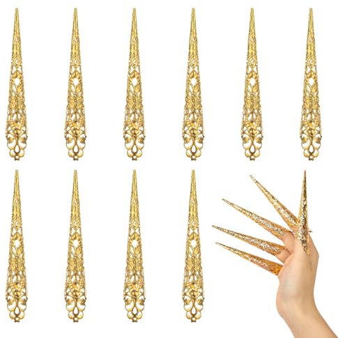 Dimeho Fingernagel Krallennagel, 10 Stück Gold Lange Nägel Weihnachts Karneval Gefälschte Nägel Antikes Königin Kostüm Fingerspitze Krallennagelring Antikes Königin Kostüm Vampirfrauen Drama-Tanz-Show