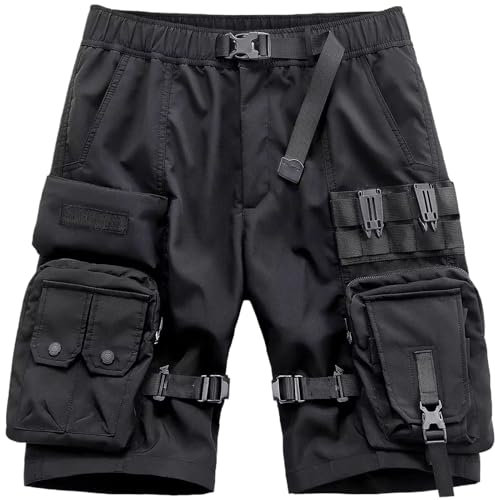 Pantaloncini tattici estivi da uomo con tasche multiple pantaloncini hip hop streetwear pantaloni al ginocchio, Nero , XS