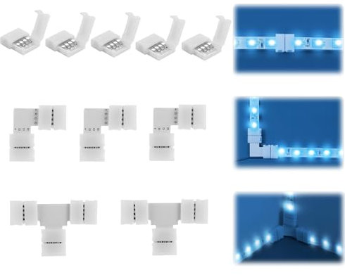 10PCS LED Strip 4 Pin Connector, 10mm Gapless Adapter for RGB SMD 5050 Multicolor 12V-24V - 5X Line, 3X L Shape, 2X T Shape Connectors
