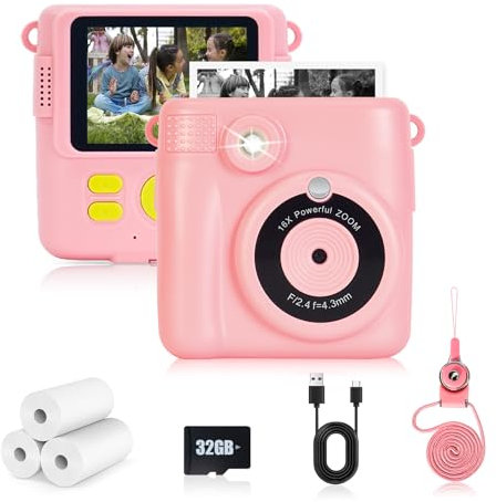 Riosin Kids Instant Print Camera, Kids Camera for Boys Girls with 32GB Card, 3 Rolls Print Paper, 1080P HD Digital Video Cameras, Christmas Birthday Gifts Toys for 3-12 Years Old Kid (Pink)