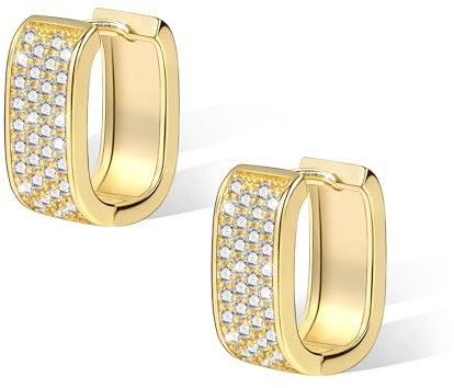 ALEXCRAFT Glitzer Zirkonia Ohrringe Gold Creolen Eckig 14K U Shape Chunky Goldene Ohrringe Damen für Frauen Freundin Mama Mädchen