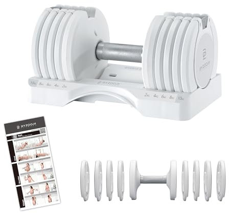 BYZOOM FITNESS Adjustable Dumbbell Single Piece, Verstellbare Hanteln 10 KG Einzeleinheit Ideale verstellbare Hanteln für zuhause, Krafttraining und Ganzkörpertraining 5-in-1 für Anfänger, White