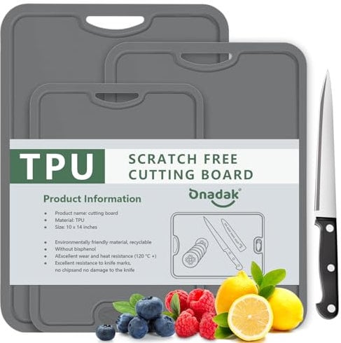 Onadak 3 Pack TPU Cutting Boards with Knife and Juice Groove,Lightweight Cutting Boards for Kitchen,Flexible Chopping Boards for Kitchen,Knife Mark Resistant, BPA-Free, Dishwasher Safe