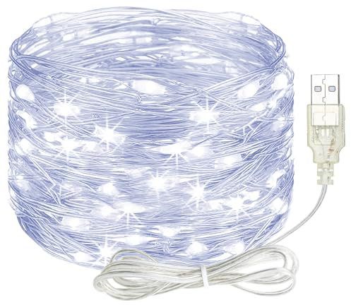 litogo Led Lichterkette mit USB, 5M 50LED Kupferdraht Lichterkette mit Stecker, Wasserdicht Weihnachten Lichterketten für Party, Garten, Hochzeit, Innen Außen Deko, Kaltweiß