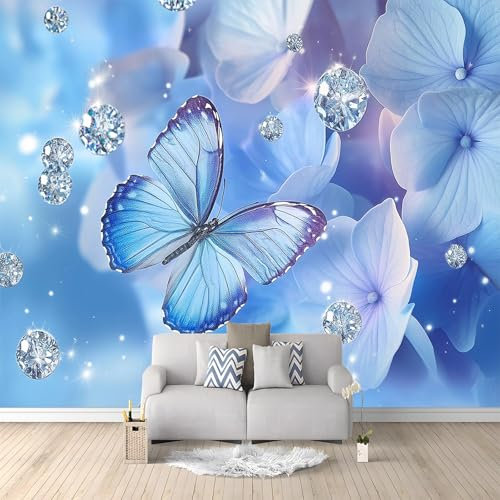 Papier Peint Panoramique Papillon Fleurs Bleu 350x256 cm Papier Peint Poster Mural 3D, Tapisserie Photo Peinture Murale Intissé Fresque pour Salon Chambre Toile Fond TV