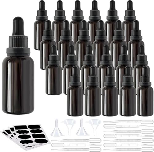 30 Pcs Dropper Bottles with Glass Pipette, Refillable 15ml Glass Bottle with Funnels/Dropper/Labels, Ideal for Essential Oils Massage Perfumery Aromatherapy Laboratory (Black)