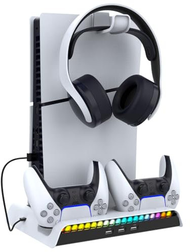 Estación de refrigeración la Consola para PS5 Pro /PS5 Slim Digital/Disc, estación de refrigeración y Carga con Ventilador de 3 Niveles Cargador de Mando con Soporte para Auriculares