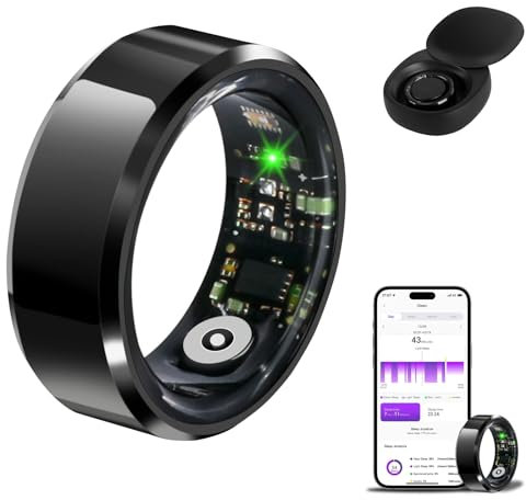 Smart Rings Health Ring Blood Oxygen Blood Pressure HR Heart Rate Monitor Fitness Tracker Sleep Step Counter Waterproof Compatible with ios Android Phones with Charging Case (Black, #8-Q-2.24in)
