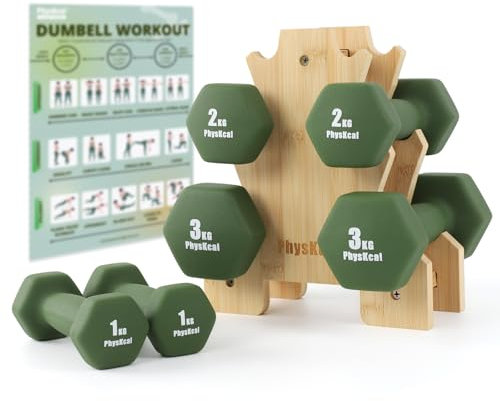 PhysKcal Hanteln Set mit Bambusständer | Dumbbells Set | 2 x 1kg, 2 x 2kg, 2 x 3kg Kurzhantel Set für Kinder & Frauen (12kg | Kale Green)