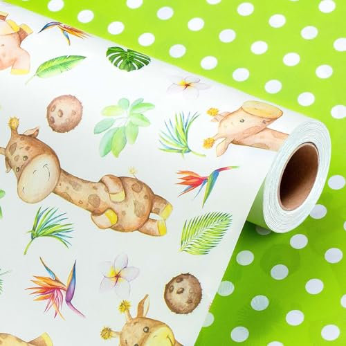 Wikadlik Geschenkpapier mit niedlichem Giraffen-Design, 43 cm x 10 m, Mini-Rolle, grüne Blätter und Punkte, Geschenkpapier für Kindergeburtstag, Jungen und Mädchen