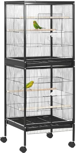 PawHut Bird Cage 2 In 1 with Wheels for Finch Canaries Cockatiels Black | Budgie Cage, Large Aviary, Removable Trays