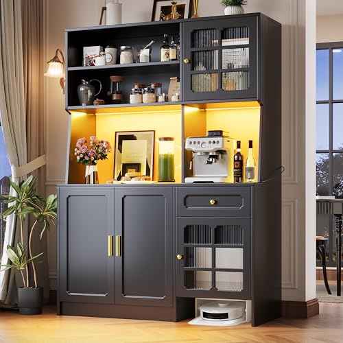Kebnor Armario de cocina alto, aparador, armario de cocina con puertas de cristal e iluminación LED, color negro (130 x 45 x 180 cm)