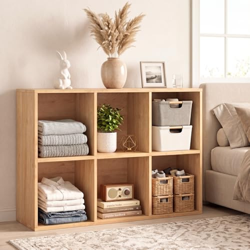 NewBeth Aufbewahrungsregal mit 6 Fächern, Holzregal, Würfelregal | Standregal für Wohnzimmer, Schlafzimmer, Homeoffice (Eichefarben, 6 Fächern（35T x 107,6B x 72,2H cm）)
