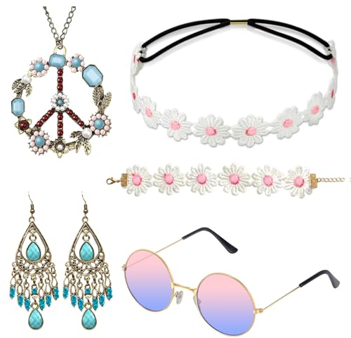 Alintor Hippie Accessoires für Schlagermove Outfit Damen, Flower Power Zubehör für Hippie Kostüm, 60er 70er Jahre Bekleidung, Peace Kette, Brille