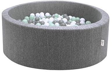 LittleStar® Bällebad mit 250 BPA-freien Bällen für Babys & Kleinkinder ab 10 Monaten | Geprüfte Sicherheit | Waschbar & Rutschfester Boden | grau, 90 x 30 cm, rund | Bälle: Mint-grau-weiß