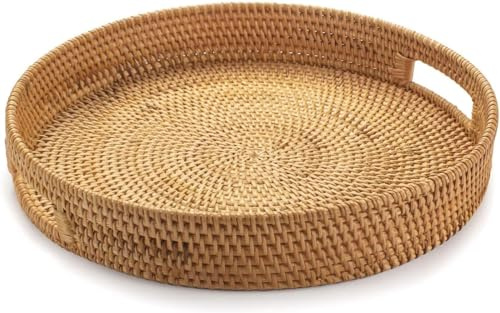30cm Rattan Round Serving Tray, Wicker Serving Baskets with Handles, Decorative Tray for Coffee Table, Bread, Fruit, Candles, Natural Color