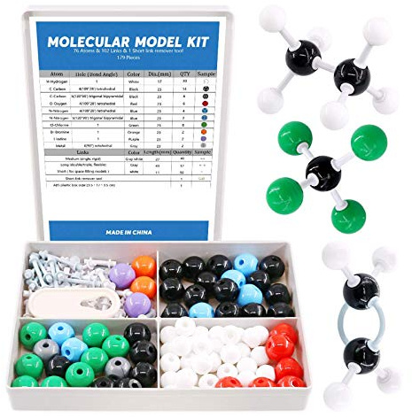 Swpeet 179-Piece Kit for Organic Chemistry Student and Teacher, Molecular Chemistry Model for Student and Teacher – 76 Atoms and 102 Links and 1 Short Link Removal Tool
