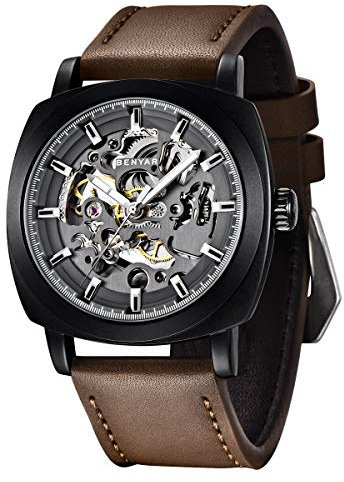 BENYAR - Uhren Herren Uhr Automatik Mechanische Armbanduhr | Lederband | Goldene Bewegung | 45 mm Skeleton Dial | Wasser- und Kratzfest | Elegantes Geschenk für männer