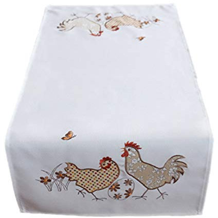 Haus und Deko Tischläufer ca. 40x85 cm Tischband für Ostern in Cremeweiß mit Hahn & Henne Applikationen in Braun mit Farbiger Osterei Stickerei