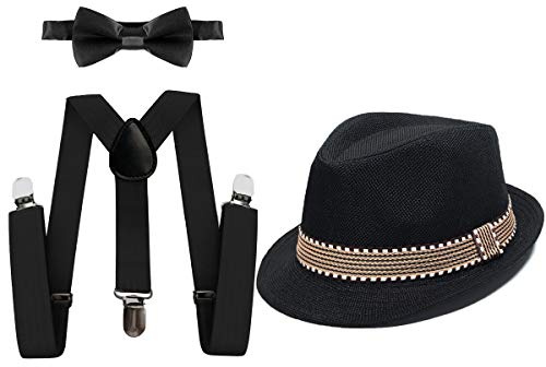 MYRISAM Kids 1920's Themed Party Costume Accessories Set Fedora Gangster Hat Adjustable Suspenders Bow Tie 3pcs Outfit Black 7-15T