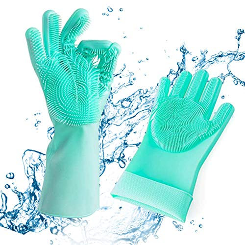 KEMOO Silicone Diswashing Gloves,Reusable Silicone Brush Gloves Heat Resistant,Silicone Diswashing Gloves with Magic Wash Scrubber for Kitchen, Bathroom,Pet Hair Care (Green)