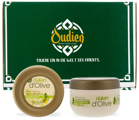 OUDIEN dalan d'olive Feuchtigkeitscreme 2er Set 2x150ml, Tiegel für Gesicht Hände und Körper, Pflegecreme mit Olivenöl für jeden Hauttyp