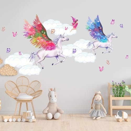 tjapalo® vr1 süßes wandtattoo Einhörner kinderzimmer mädchen Wandtattoo Mädchenzimmer Wandsticker Aquarell mit Glitzer Kristallen Wandtattoo Kinderzimmer Mädchen Wanddeko Babyzimmer, Größe: B58xH28cm