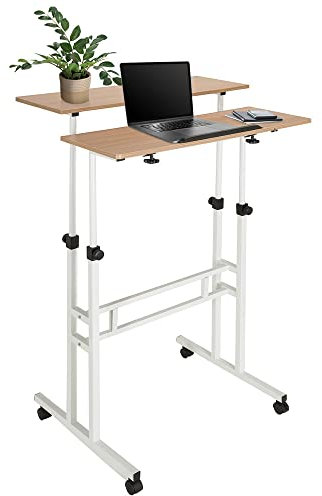 hjh OFFICE 830069 Stehpult höhenverstellbar Workstation I 80x60 Weiß/Eiche Computertisch mit Rollen, Laptop Tisch neigbar