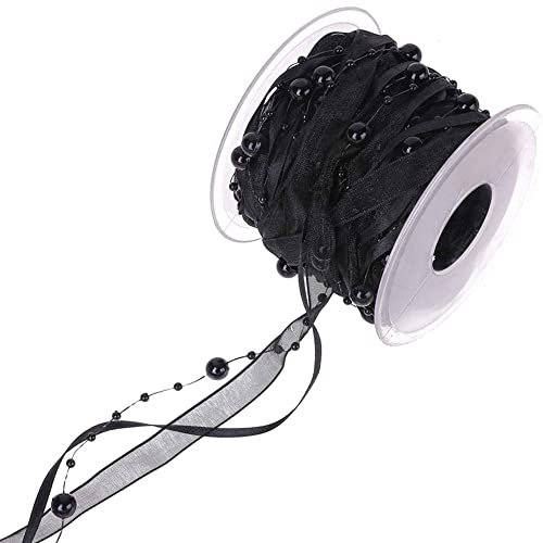 Duories 10m Perlengirlande mit Organza,8+3mm Perlenband,Geschenkband,Trendyband,Schleifenband,Dekoband Hängedeko Tischdeko Dekokette für Hochzeit Weihnachten Taufe Geburtstagsgeschenke,Schwarz